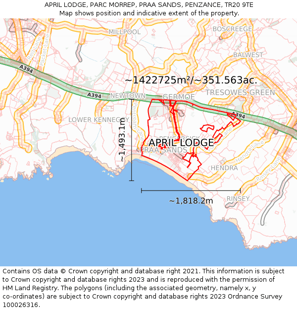 APRIL LODGE, PARC MORREP, PRAA SANDS, PENZANCE, TR20 9TE: Plot and title map