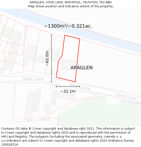 ARAGLEN, HYDE LANE, BATHPOOL, TAUNTON, TA2 8BX: Plot and title map