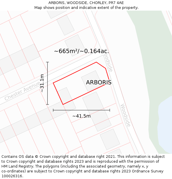 ARBORIS, WOODSIDE, CHORLEY, PR7 4AE: Plot and title map