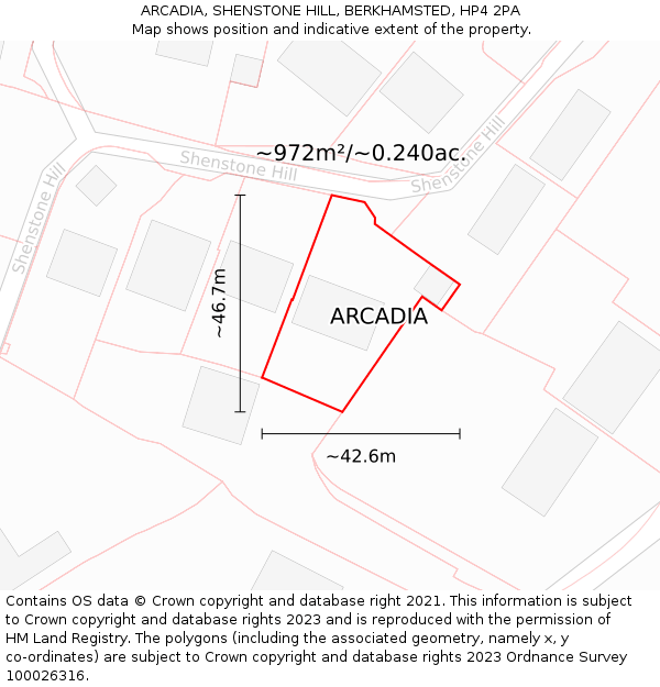 ARCADIA, SHENSTONE HILL, BERKHAMSTED, HP4 2PA: Plot and title map