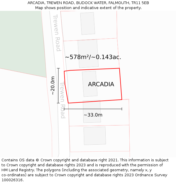 ARCADIA, TREWEN ROAD, BUDOCK WATER, FALMOUTH, TR11 5EB: Plot and title map