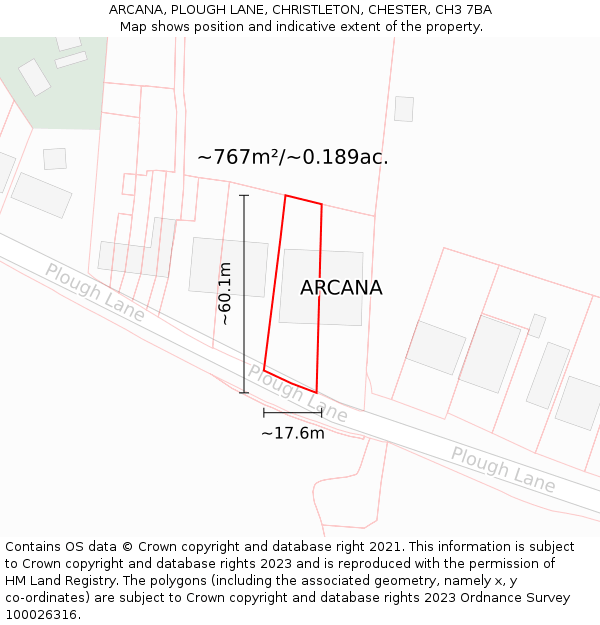 ARCANA, PLOUGH LANE, CHRISTLETON, CHESTER, CH3 7BA: Plot and title map