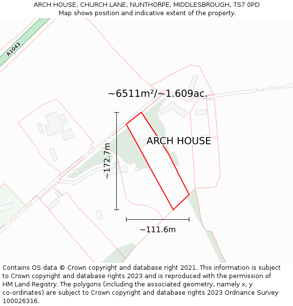 ARCH HOUSE, CHURCH LANE, NUNTHORPE, MIDDLESBROUGH, TS7 0PD: Plot and title map
