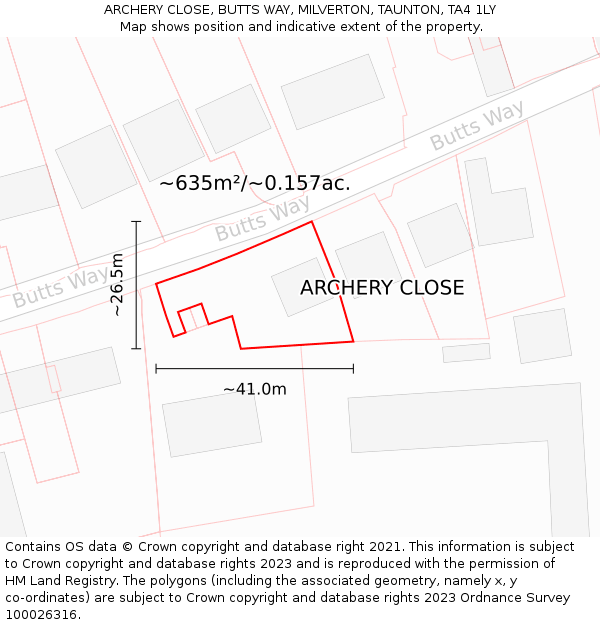 ARCHERY CLOSE, BUTTS WAY, MILVERTON, TAUNTON, TA4 1LY: Plot and title map