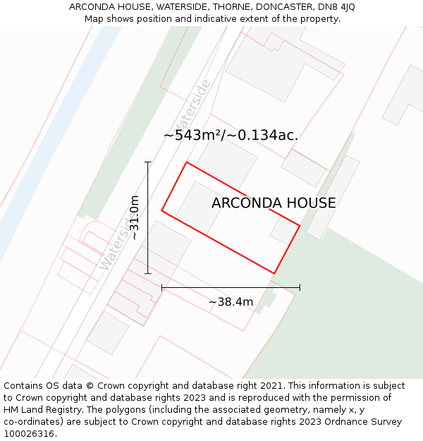 ARCONDA HOUSE, WATERSIDE, THORNE, DONCASTER, DN8 4JQ: Plot and title map