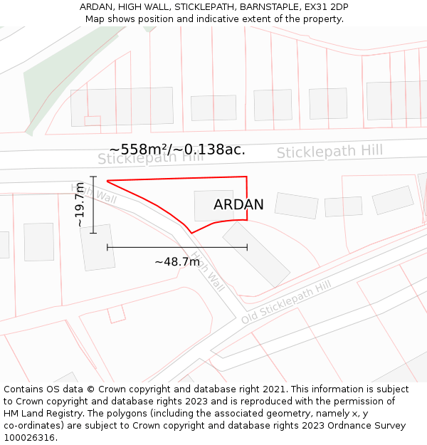 ARDAN, HIGH WALL, STICKLEPATH, BARNSTAPLE, EX31 2DP: Plot and title map