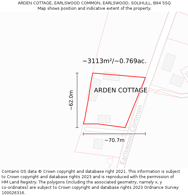 ARDEN COTTAGE, EARLSWOOD COMMON, EARLSWOOD, SOLIHULL, B94 5SQ: Plot and title map