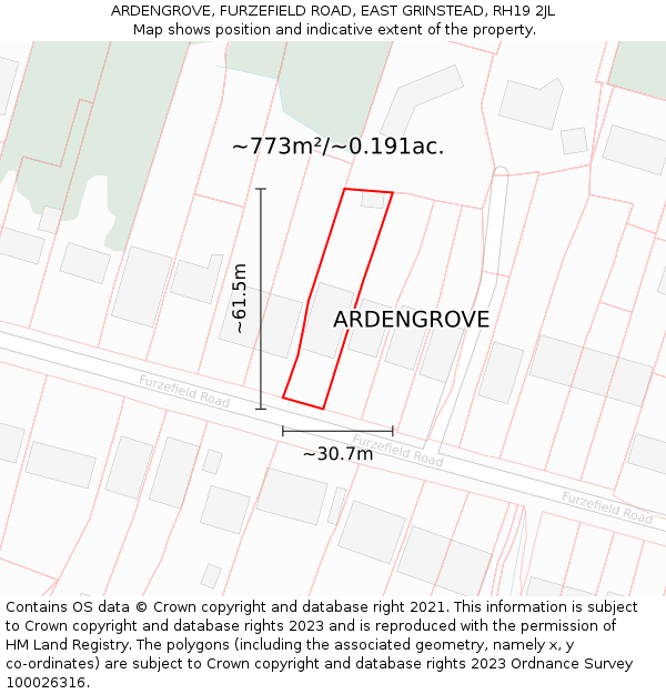 ARDENGROVE, FURZEFIELD ROAD, EAST GRINSTEAD, RH19 2JL: Plot and title map