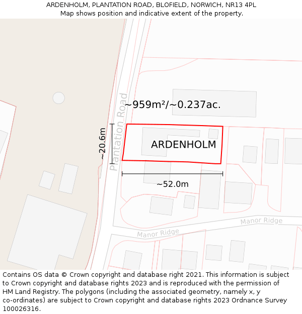 ARDENHOLM, PLANTATION ROAD, BLOFIELD, NORWICH, NR13 4PL: Plot and title map