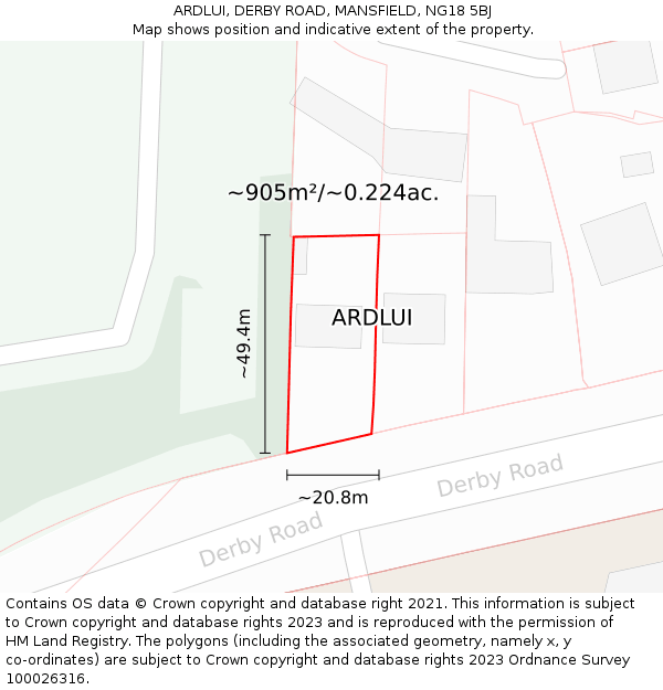 ARDLUI, DERBY ROAD, MANSFIELD, NG18 5BJ: Plot and title map