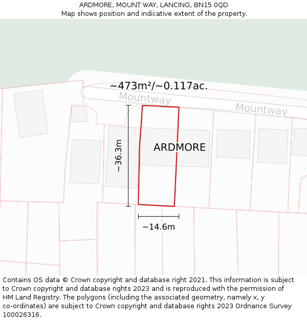 ARDMORE, MOUNT WAY, LANCING, BN15 0QD: Plot and title map