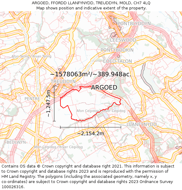 ARGOED, FFORDD LLANFYNYDD, TREUDDYN, MOLD, CH7 4LQ: Plot and title map
