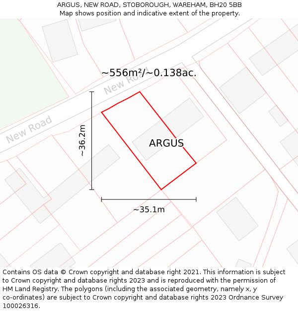 ARGUS, NEW ROAD, STOBOROUGH, WAREHAM, BH20 5BB: Plot and title map
