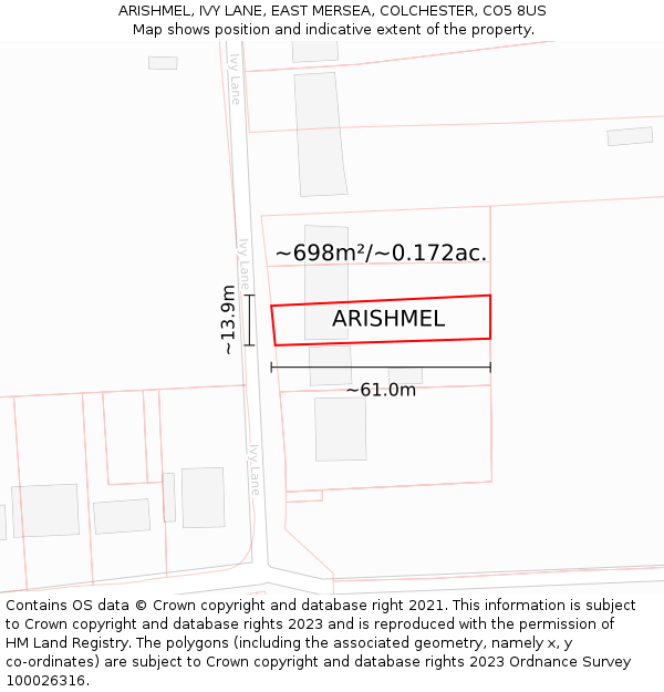 ARISHMEL, IVY LANE, EAST MERSEA, COLCHESTER, CO5 8US: Plot and title map