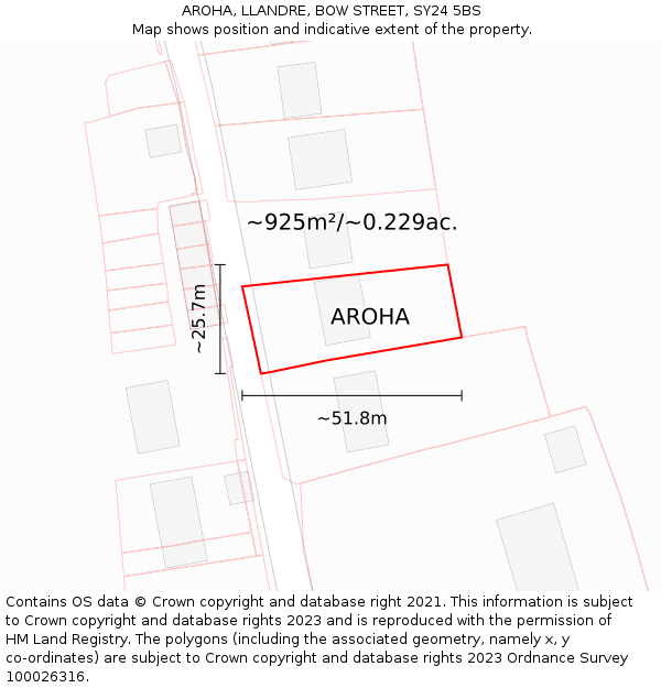 AROHA, LLANDRE, BOW STREET, SY24 5BS: Plot and title map