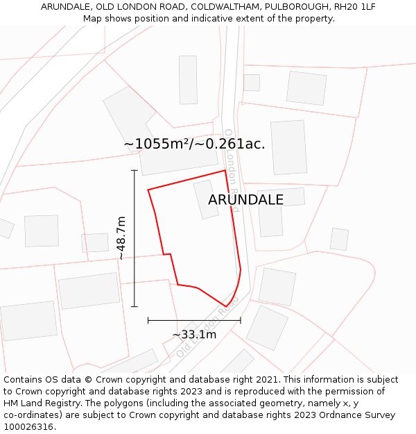 ARUNDALE, OLD LONDON ROAD, COLDWALTHAM, PULBOROUGH, RH20 1LF: Plot and title map
