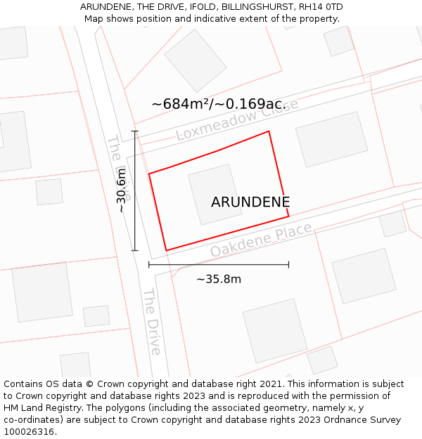 ARUNDENE, THE DRIVE, IFOLD, BILLINGSHURST, RH14 0TD: Plot and title map