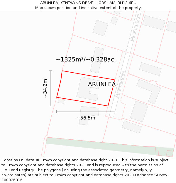 ARUNLEA, KENTWYNS DRIVE, HORSHAM, RH13 6EU: Plot and title map