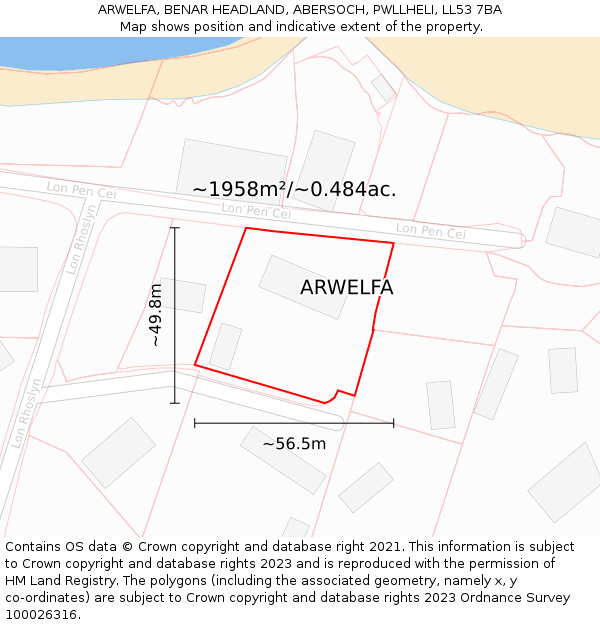 ARWELFA, BENAR HEADLAND, ABERSOCH, PWLLHELI, LL53 7BA: Plot and title map