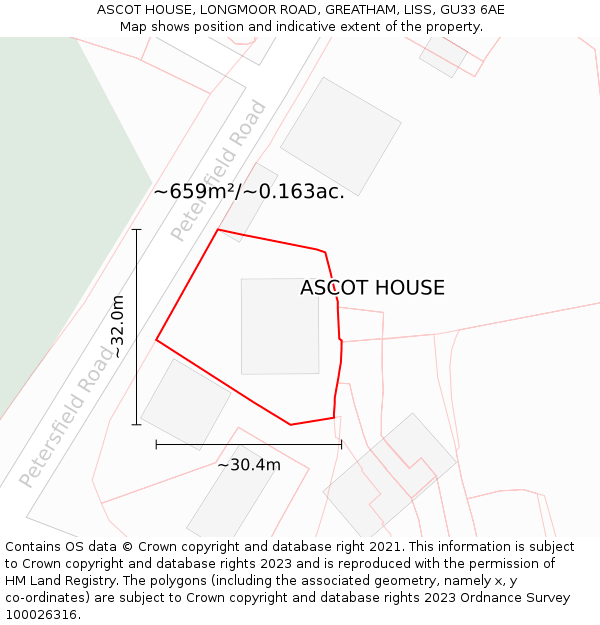 ASCOT HOUSE, LONGMOOR ROAD, GREATHAM, LISS, GU33 6AE: Plot and title map