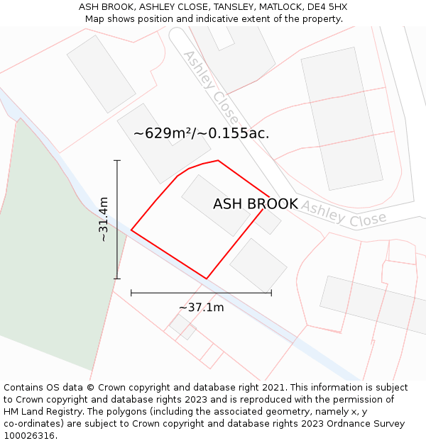 ASH BROOK, ASHLEY CLOSE, TANSLEY, MATLOCK, DE4 5HX: Plot and title map