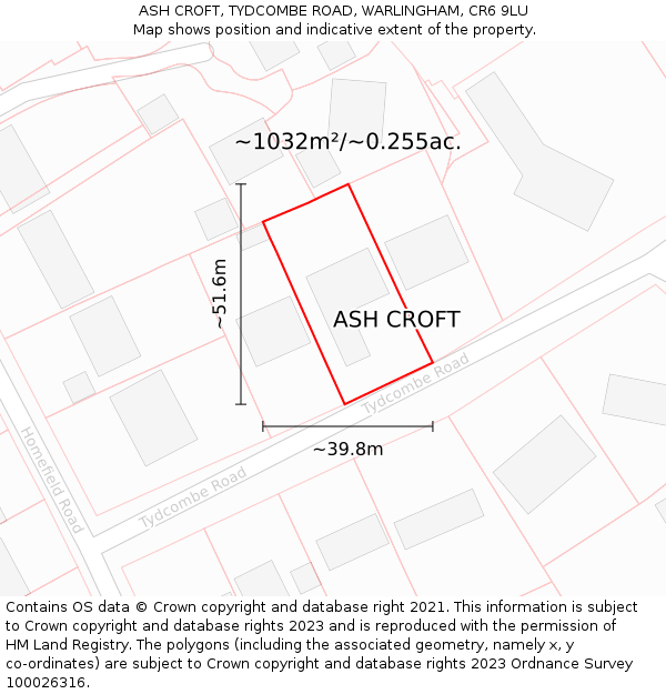 ASH CROFT, TYDCOMBE ROAD, WARLINGHAM, CR6 9LU: Plot and title map