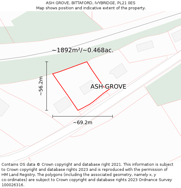 ASH GROVE, BITTAFORD, IVYBRIDGE, PL21 0ES: Plot and title map