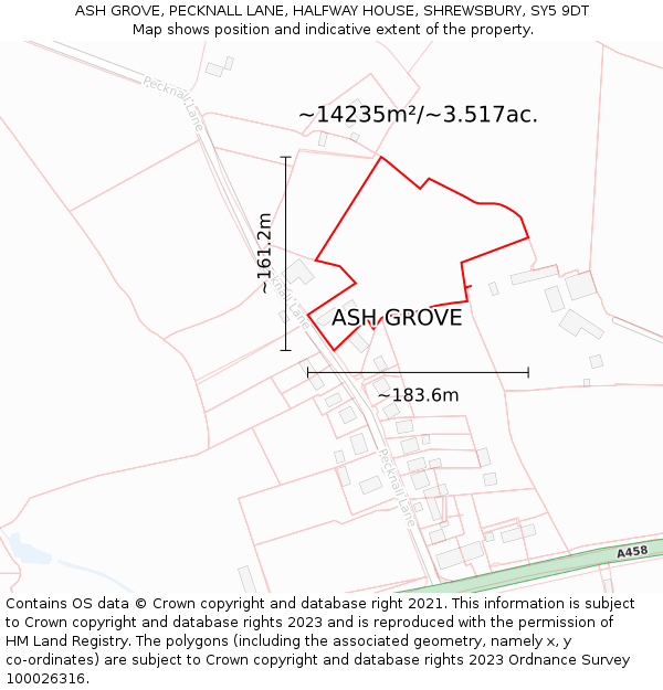 ASH GROVE, PECKNALL LANE, HALFWAY HOUSE, SHREWSBURY, SY5 9DT: Plot and title map