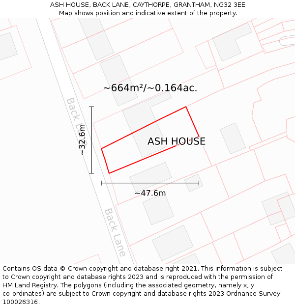 ASH HOUSE, BACK LANE, CAYTHORPE, GRANTHAM, NG32 3EE: Plot and title map