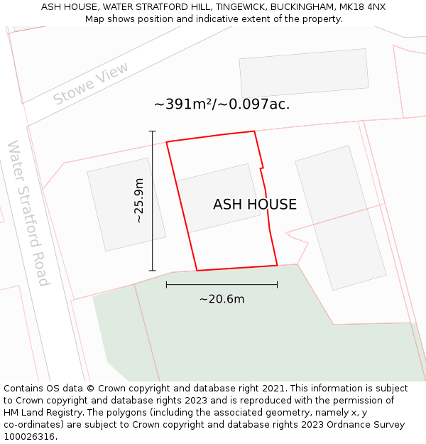 ASH HOUSE, WATER STRATFORD HILL, TINGEWICK, BUCKINGHAM, MK18 4NX: Plot and title map