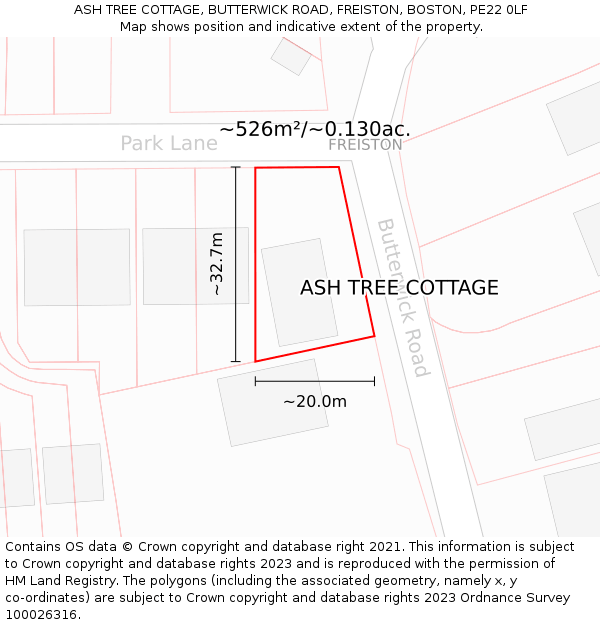 ASH TREE COTTAGE, BUTTERWICK ROAD, FREISTON, BOSTON, PE22 0LF: Plot and title map