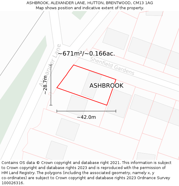 ASHBROOK, ALEXANDER LANE, HUTTON, BRENTWOOD, CM13 1AG: Plot and title map
