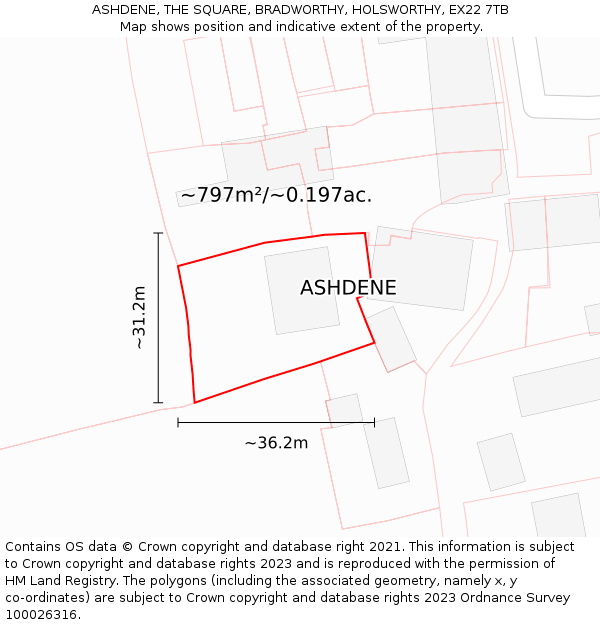ASHDENE, THE SQUARE, BRADWORTHY, HOLSWORTHY, EX22 7TB: Plot and title map
