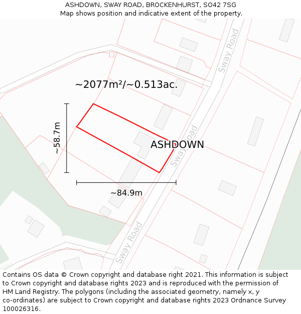 ASHDOWN, SWAY ROAD, BROCKENHURST, SO42 7SG: Plot and title map