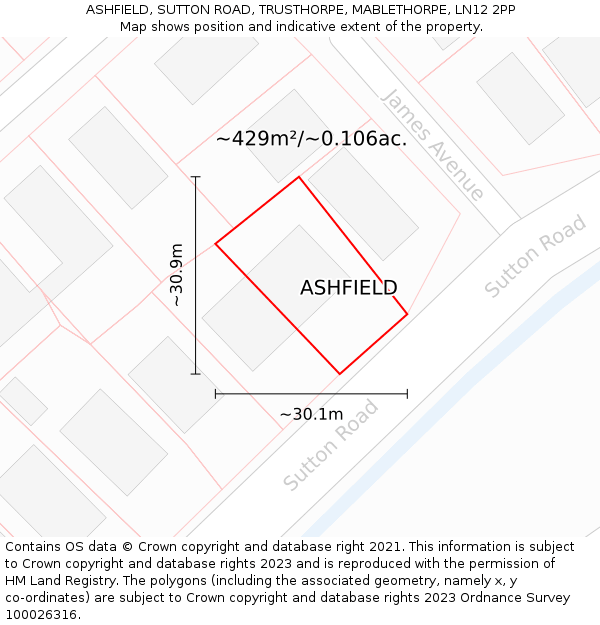 ASHFIELD, SUTTON ROAD, TRUSTHORPE, MABLETHORPE, LN12 2PP: Plot and title map