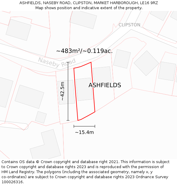 ASHFIELDS, NASEBY ROAD, CLIPSTON, MARKET HARBOROUGH, LE16 9RZ: Plot and title map