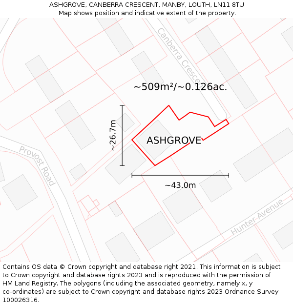 ASHGROVE, CANBERRA CRESCENT, MANBY, LOUTH, LN11 8TU: Plot and title map