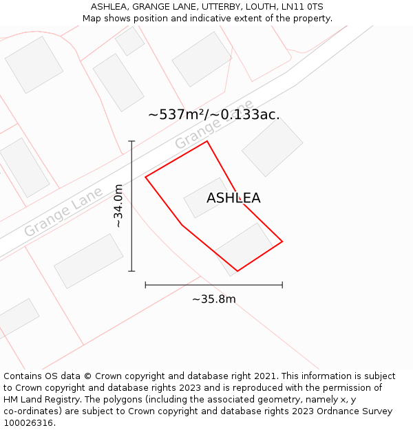 ASHLEA, GRANGE LANE, UTTERBY, LOUTH, LN11 0TS: Plot and title map