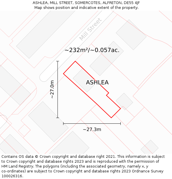 ASHLEA, MILL STREET, SOMERCOTES, ALFRETON, DE55 4JF: Plot and title map