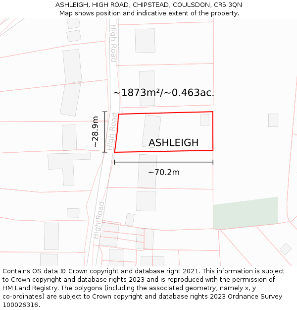 ASHLEIGH, HIGH ROAD, CHIPSTEAD, COULSDON, CR5 3QN: Plot and title map