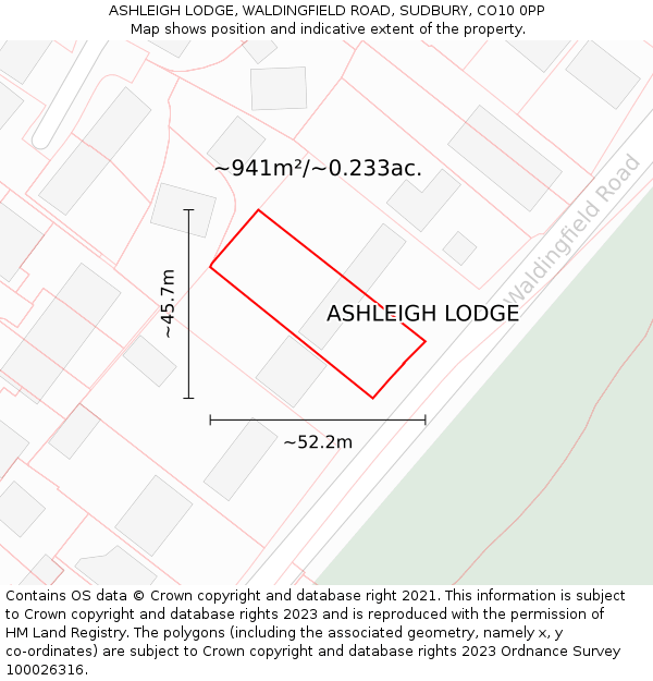 ASHLEIGH LODGE, WALDINGFIELD ROAD, SUDBURY, CO10 0PP: Plot and title map