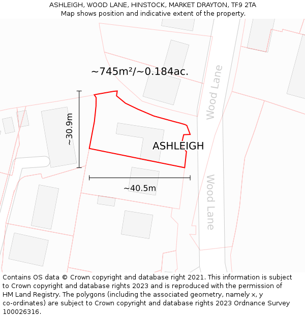 ASHLEIGH, WOOD LANE, HINSTOCK, MARKET DRAYTON, TF9 2TA: Plot and title map