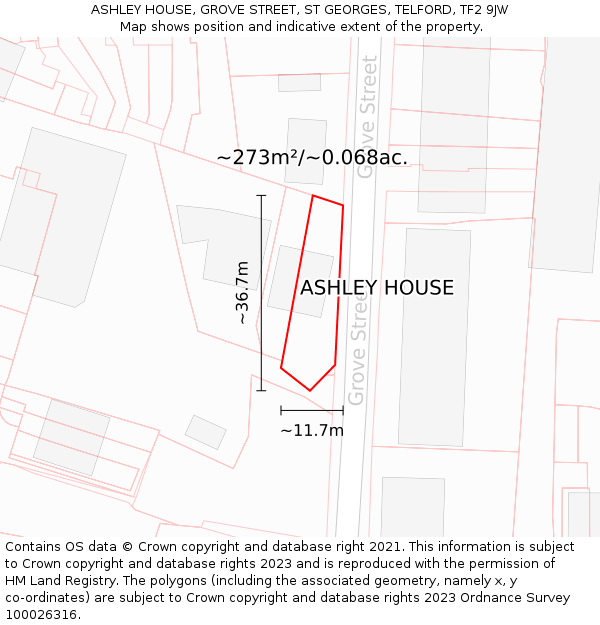 ASHLEY HOUSE, GROVE STREET, ST GEORGES, TELFORD, TF2 9JW: Plot and title map
