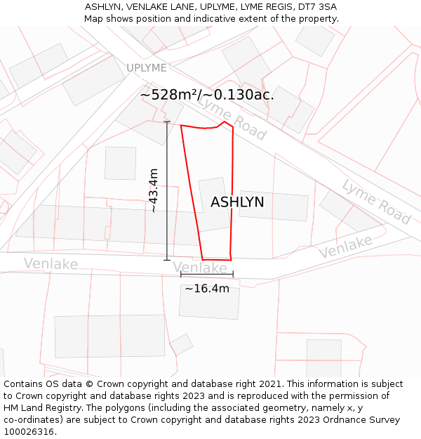 ASHLYN, VENLAKE LANE, UPLYME, LYME REGIS, DT7 3SA: Plot and title map