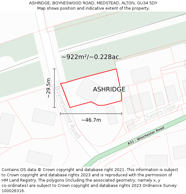 ASHRIDGE, BOYNESWOOD ROAD, MEDSTEAD, ALTON, GU34 5DY: Plot and title map