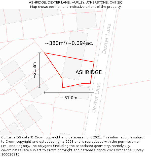 ASHRIDGE, DEXTER LANE, HURLEY, ATHERSTONE, CV9 2JQ: Plot and title map