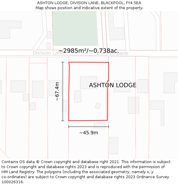 ASHTON LODGE, DIVISION LANE, BLACKPOOL, FY4 5EA: Plot and title map