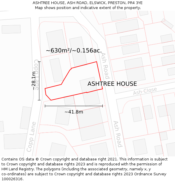 ASHTREE HOUSE, ASH ROAD, ELSWICK, PRESTON, PR4 3YE: Plot and title map