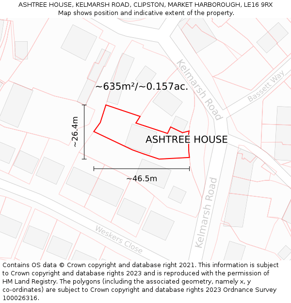 ASHTREE HOUSE, KELMARSH ROAD, CLIPSTON, MARKET HARBOROUGH, LE16 9RX: Plot and title map