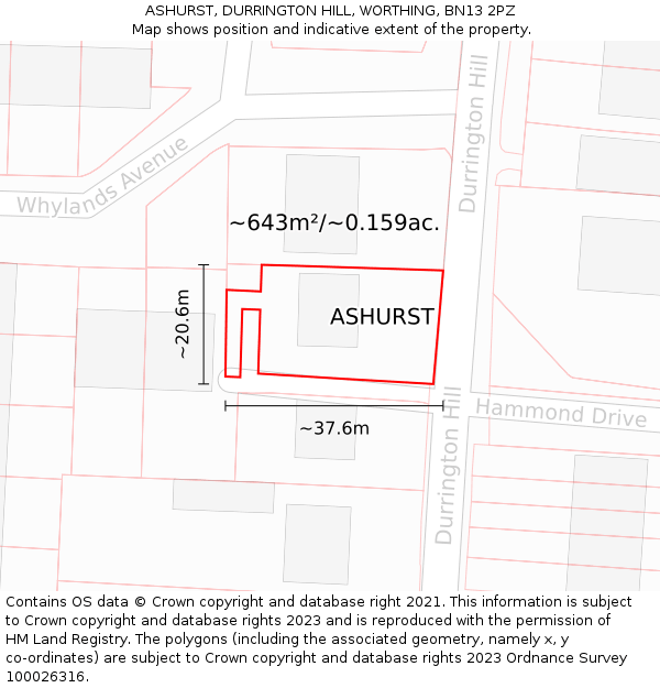 ASHURST, DURRINGTON HILL, WORTHING, BN13 2PZ: Plot and title map